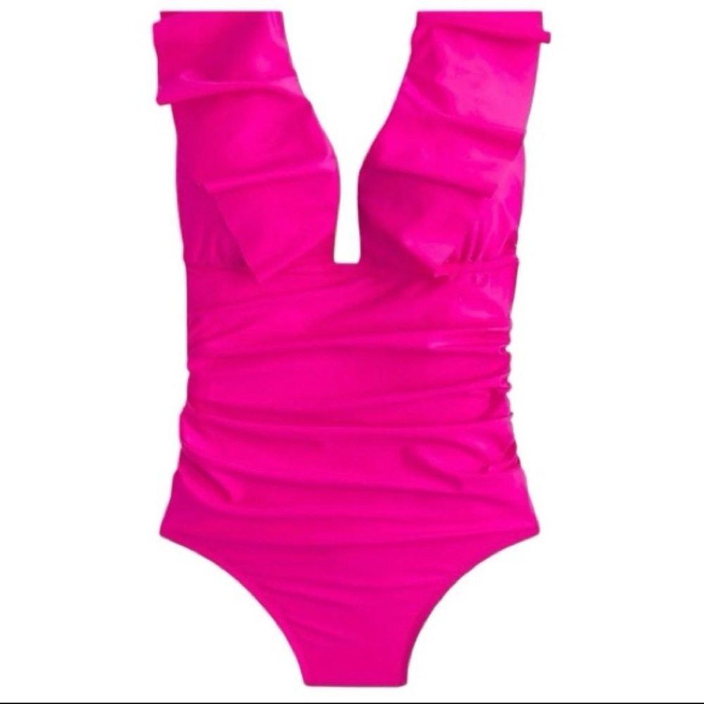 J Crew Ruched Ruffle One-Piece Swimsuit NWT Womens 24 Radiant Fuchsia Pink BP222
